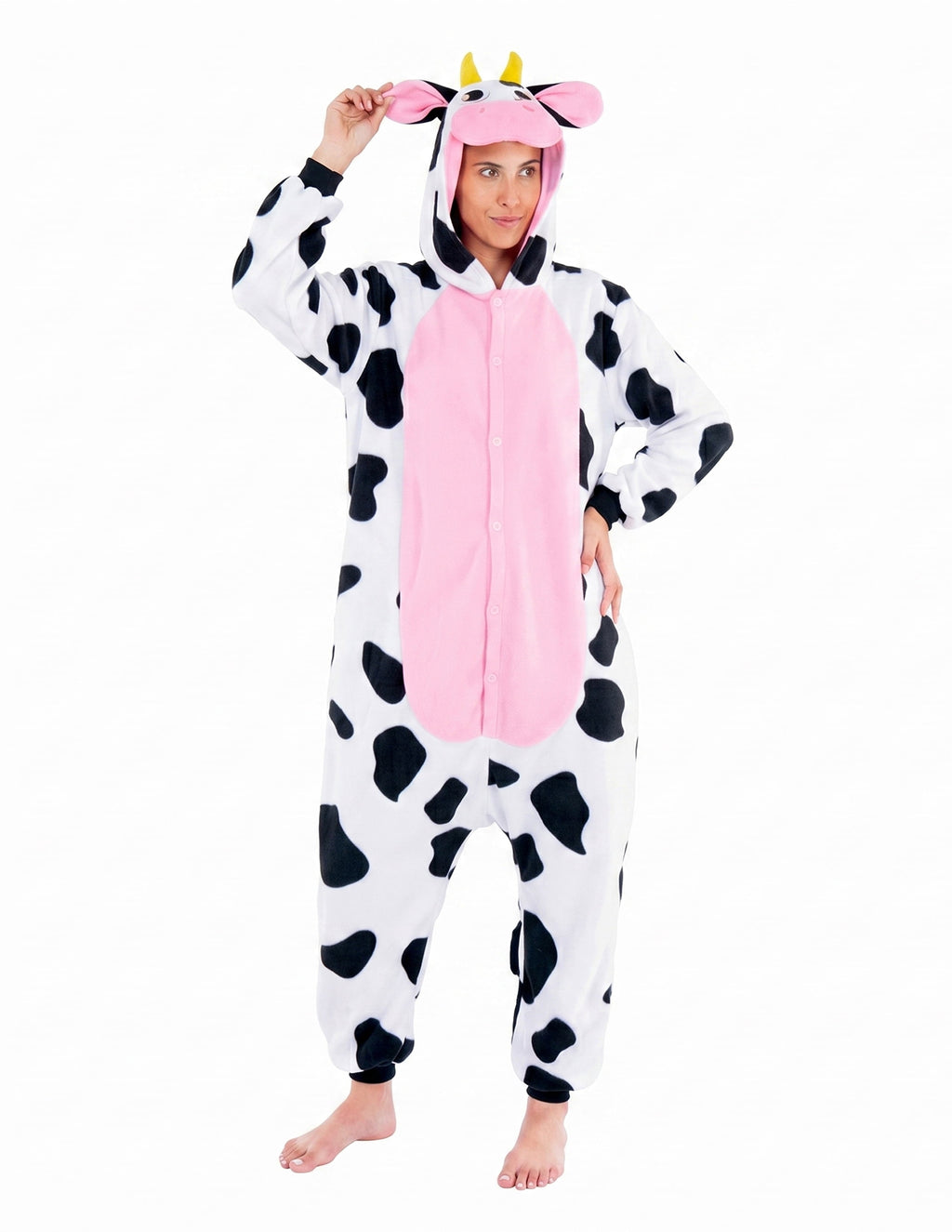 Adult Unisex Cow Costume,Plush Hooded Animal Jumpsuit Pajama for Halloween Party Cosplay and Themed Dress Up