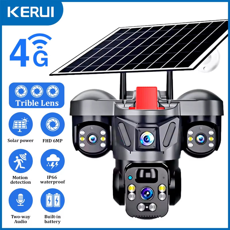KERUI V380 Pro Outdoor PTZ 6MP WIFI 4G Solar Camera Home Security Triple Lens Camera Solar Panel CCTV Video Surveillance