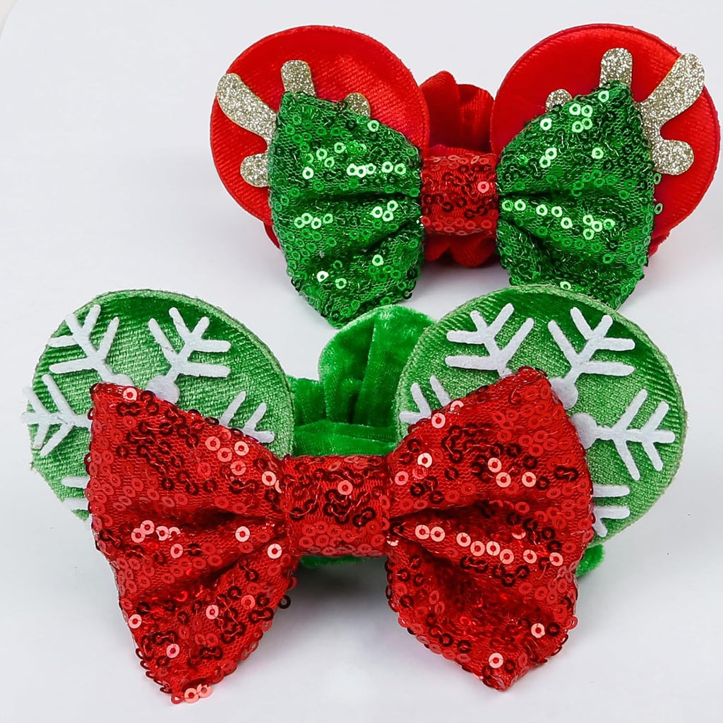 Red Christmas Scrunchies with Bow and Sequins, Velvet Mouse Ear Hair Ties for Women and Girls, Festive Holiday Ponytail Accessories and Party Favors