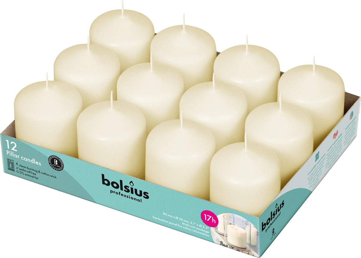 12 Ivory Pillar Candles Bulk - 2.3 X 3 Inch Candle Set - 17 Hours Clean Burning - No Palm Oil - 0% Animal Fat - Premium European Quality - Wedding, Party, Dinner & Emergency Candles