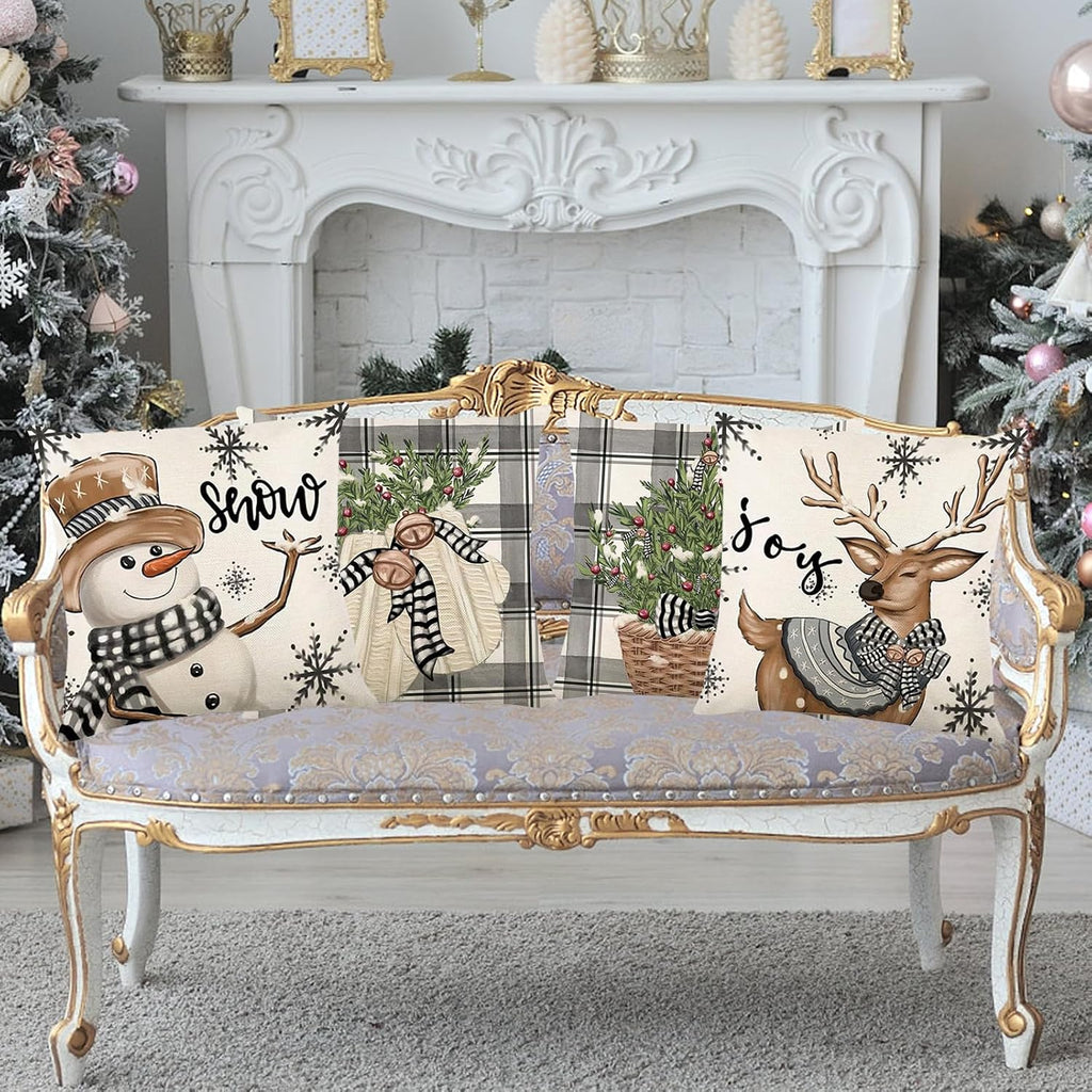 Christmas Pillow Covers 18X18, Plaid Snowmen ELK Decor for Home