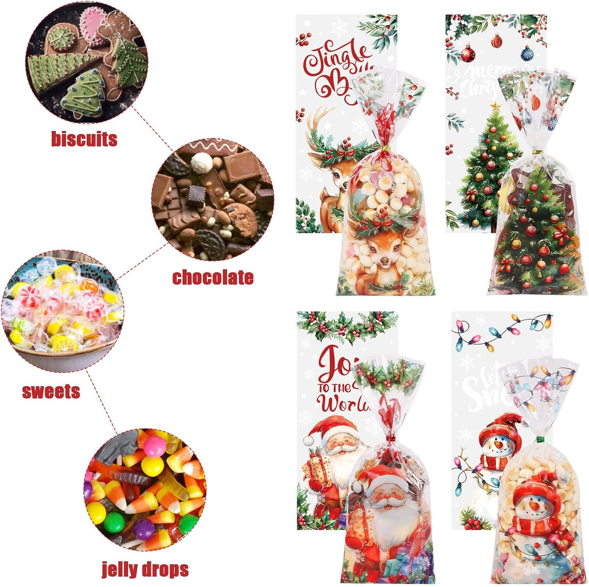 200PCS Christmas Cellophane Treat Bags, Xmas Clear Cello Gift Bags Candy Goodies Bags with Twsit for Christmas Holiday Party Favors