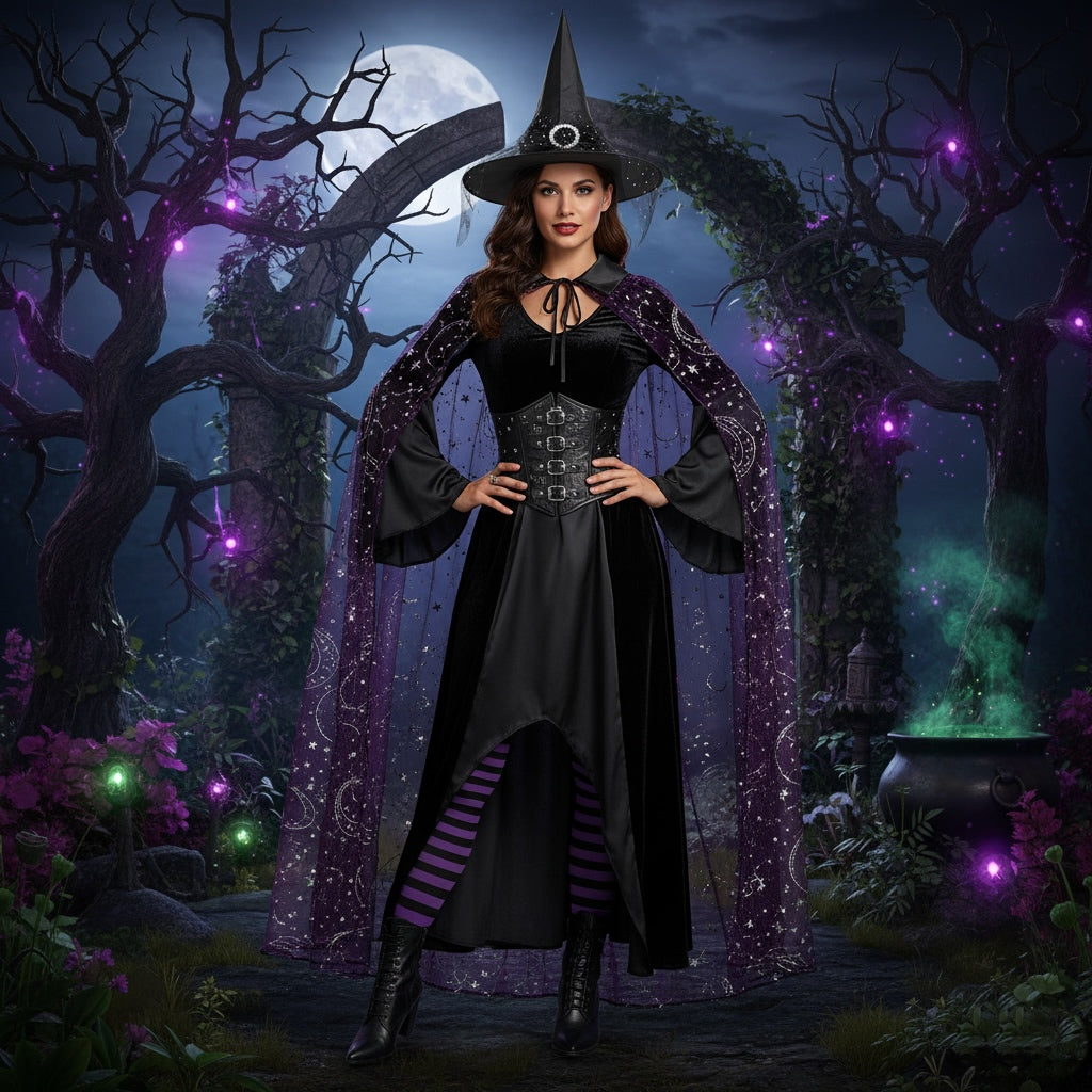 Adults Gothic Witch Hat with Veil and Lace, Foldable Wide Brim Pointed Wizard Hat