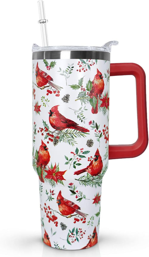 40 Oz Red Cardinal Tumbler with Handle,Christmas Coffee Travel Mug Cup, Red Cardinal Decor, Christmas Gifts for Women