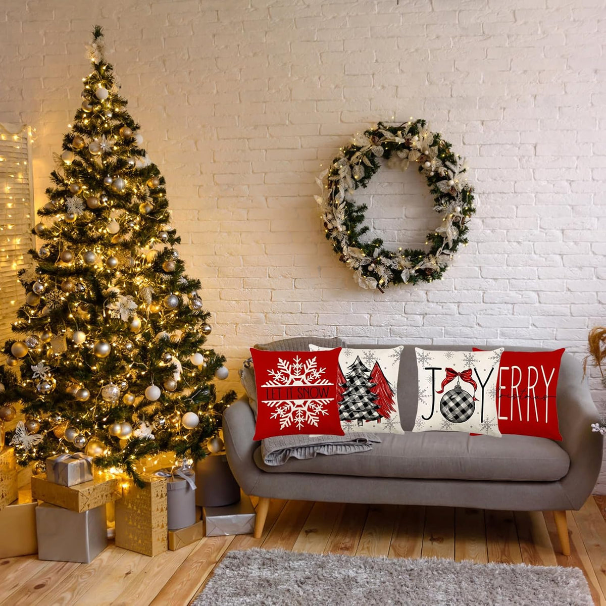 Christmas Decorations - Christmas Pillow Covers 18X18 Set of 4,Farmhouse Christmas Throw Pillow Covers Set for Home Bedroom Sofa Couch