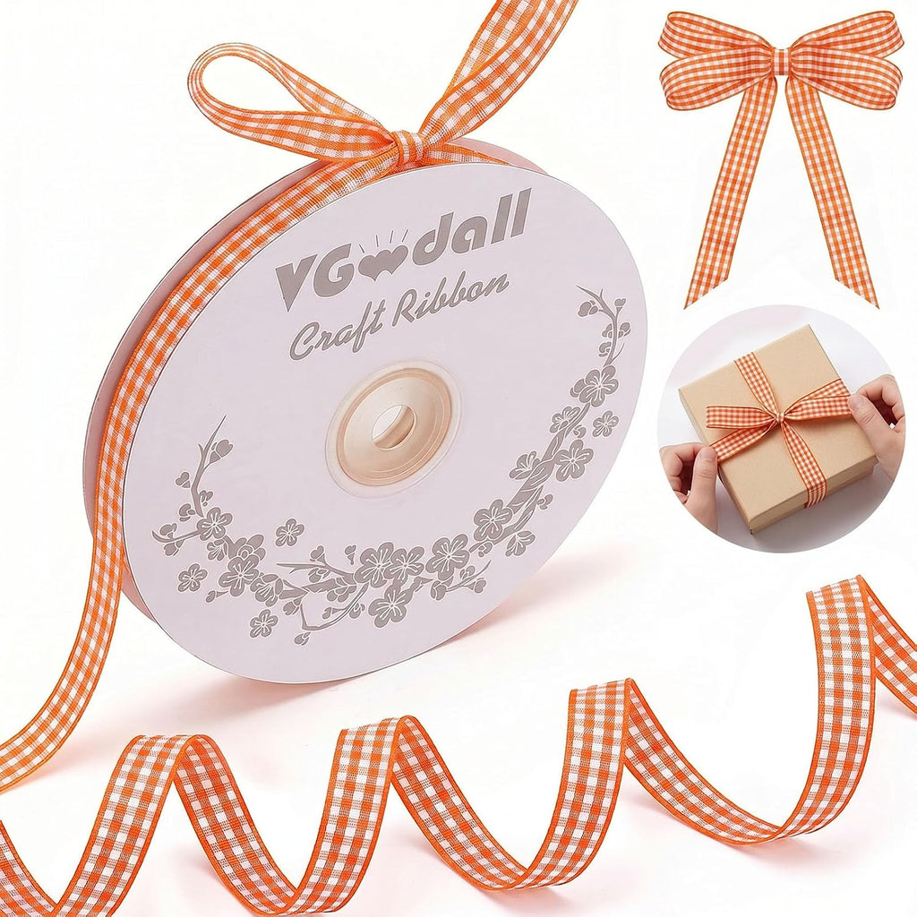 Orange Gingham Ribbon, 3/8X50 Yd Orange and White Ribbon