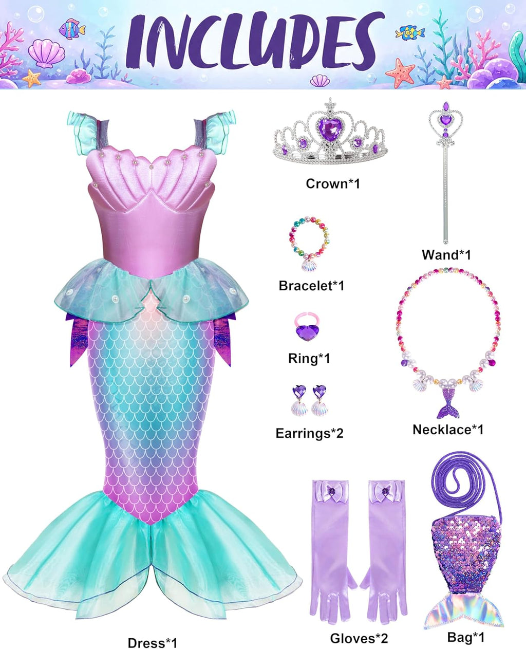Halloween Little Mermaid Costume with Mermaid Tail for Princess Girls 4-6 for Cosplay, Birthday Outfit