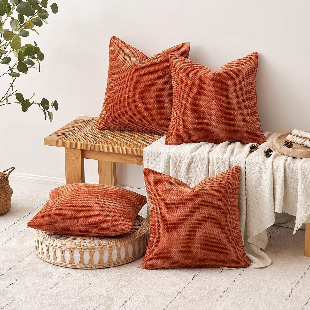 Decorative Chenille Fall Pillow Covers Burnt Orange 16X16 Pack of 4