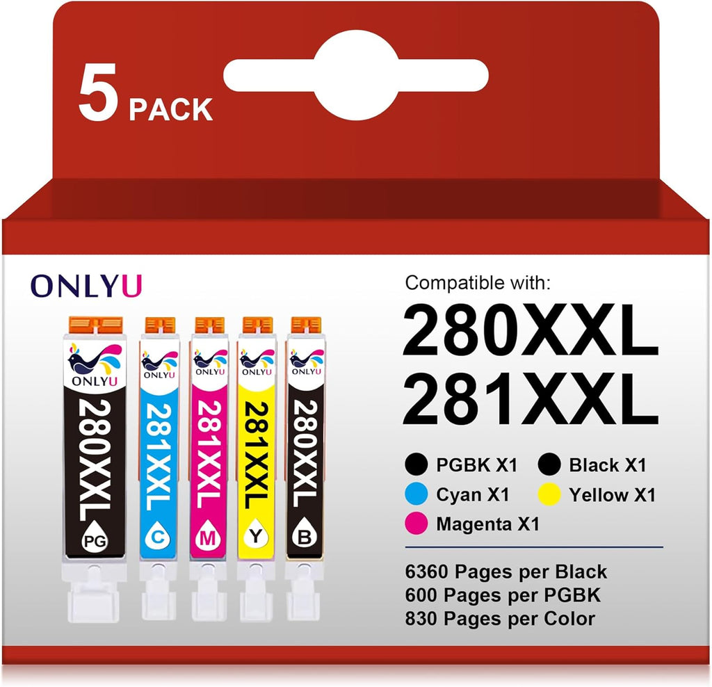 280XXL 281XXL Compatible for Canon Ink 280 and 281 Cartridges PGI-280XXL CLI-281XXL for Canon Tr8620A Ink Cartridges for Pixma TR8620 Tr8620A TS6320 TR7520 TS6120 TS6220 TS8220 TS9520 (5 Pack)