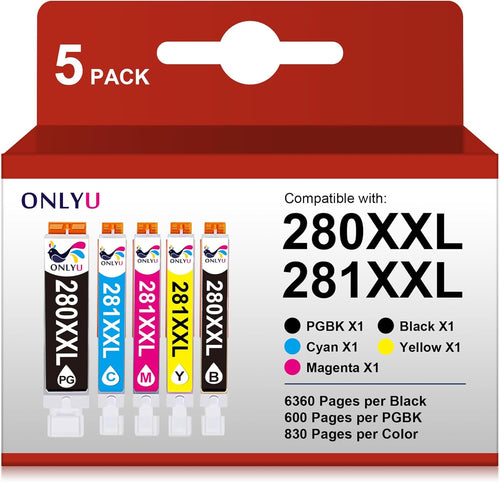 280XXL 281XXL Compatible for Canon Ink 280 and 281 Cartridges PGI-280XXL CLI-281XXL for Canon Tr8620A Ink Cartridges for Pixma TR8620 Tr8620A TS6320 TR7520 TS6120 TS6220 TS8220 TS9520 (5 Pack)