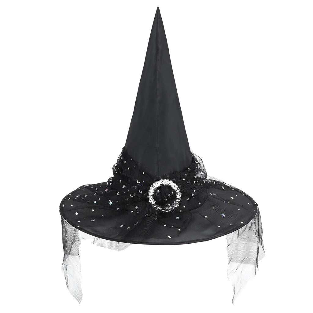Adults Gothic Witch Hat with Veil and Lace, Foldable Wide Brim Pointed Wizard Hat