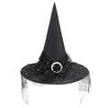 Adults Gothic Witch Hat with Veil and Lace, Foldable Wide Brim Pointed Wizard Hat