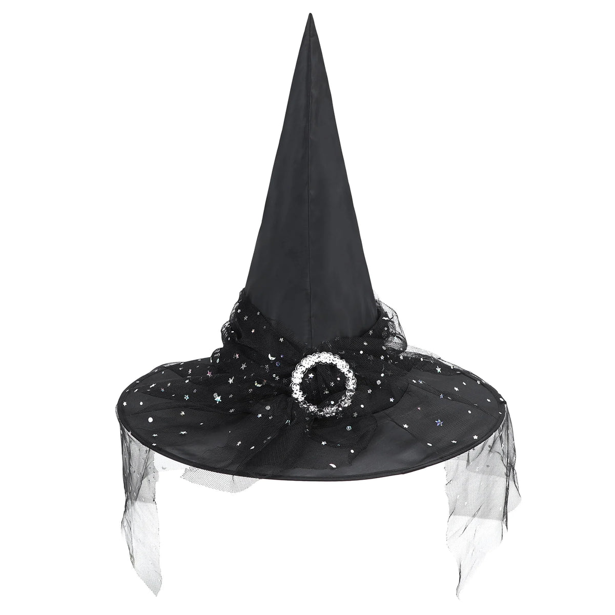 Adults Gothic Witch Hat with Veil and Lace, Foldable Wide Brim Pointed Wizard Hat