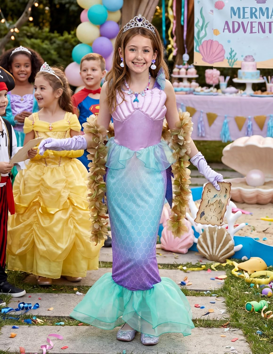 Halloween Little Mermaid Costume with Mermaid Tail for Princess Girls 4-6 for Cosplay, Birthday Outfit
