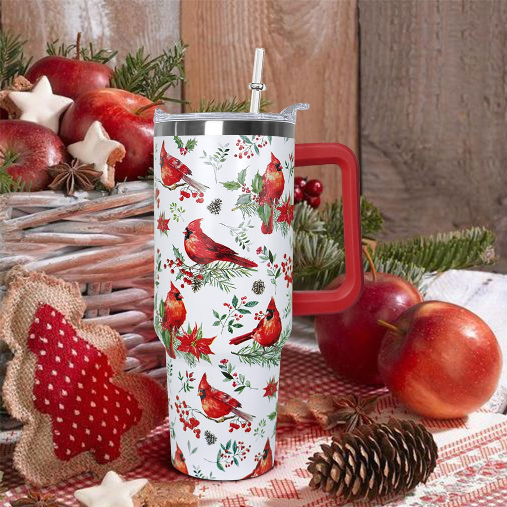 40 Oz Red Cardinal Tumbler with Handle,Christmas Coffee Travel Mug Cup, Red Cardinal Decor, Christmas Gifts for Women