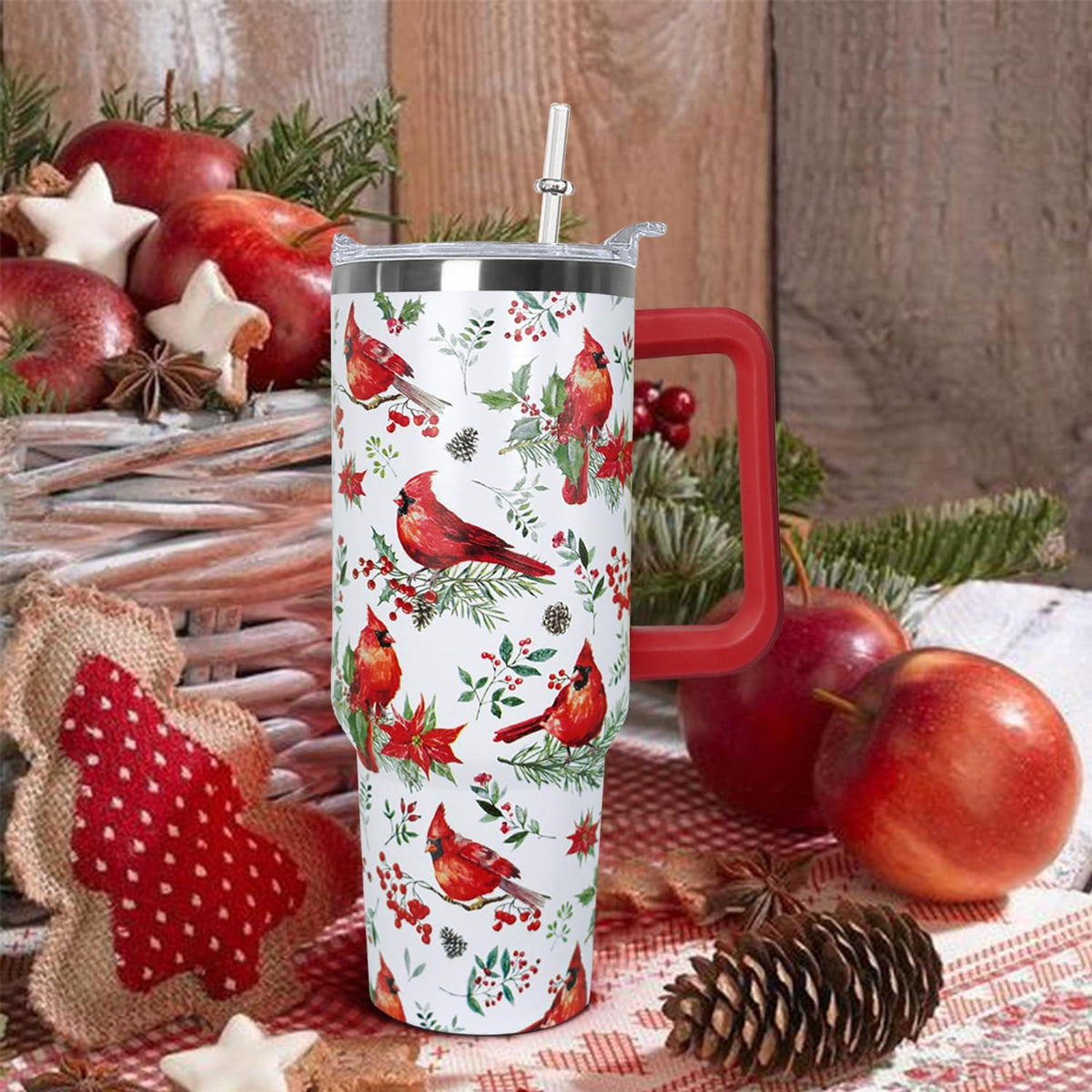 40 Oz Red Cardinal Tumbler with Handle,Christmas Coffee Travel Mug Cup, Red Cardinal Decor, Christmas Gifts for Women