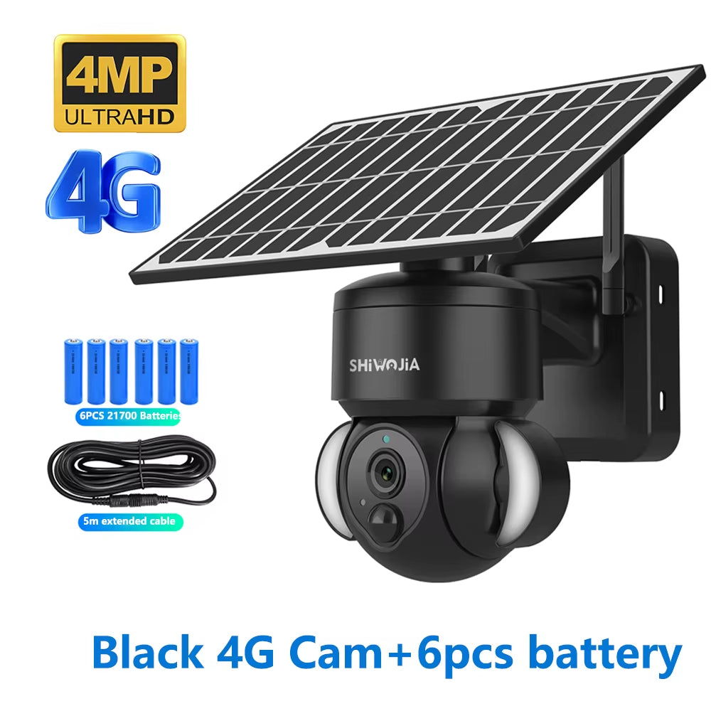 SHIWOJIA 4MP WIFI Solar Camera 4G Sim Card PIR Human Detection Solar Battery Security Camera CCTV Video Surveillance Outdoor Cam