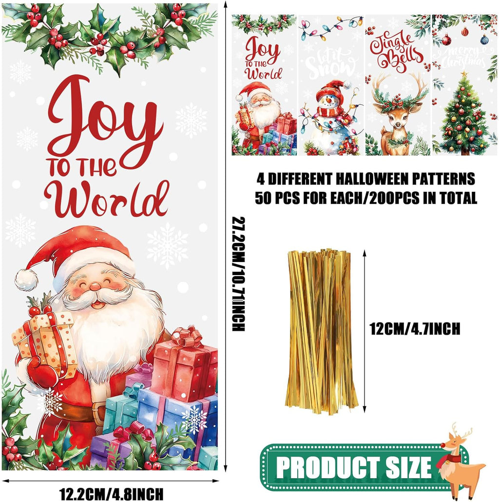 200PCS Christmas Cellophane Treat Bags, Xmas Clear Cello Gift Bags Candy Goodies Bags with Twsit for Christmas Holiday Party Favors