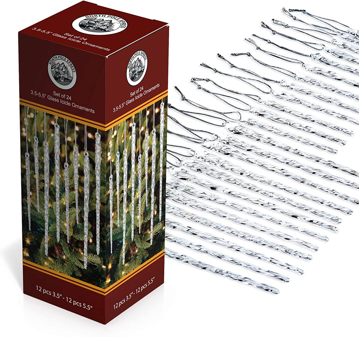 Twisted Clear Glass Icicle Christmas Ornaments for Christmas Trees - Set of 24 Icicles Christmas Tree Decorations - Christmas Tree Ornaments Crystal
