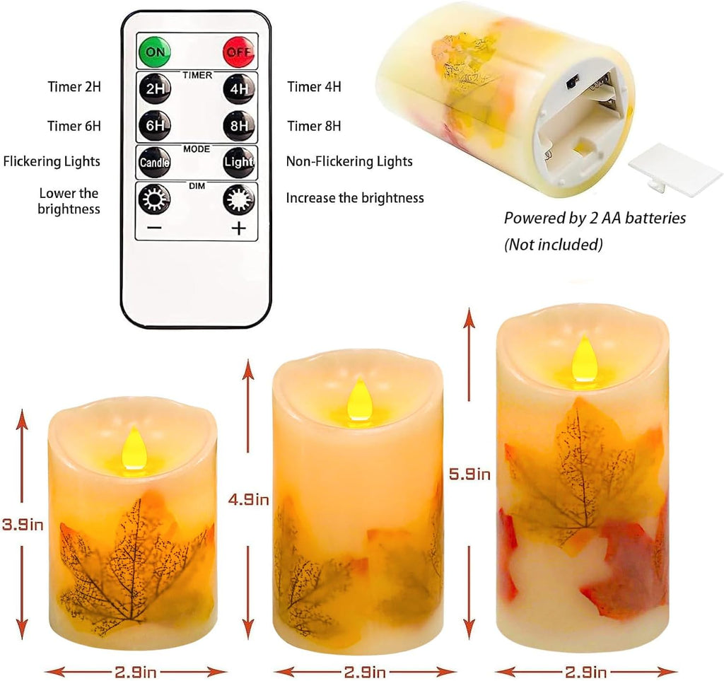 Maple Leaf Flameless Candles Set of 3, Fall Candles with Remote & Timer