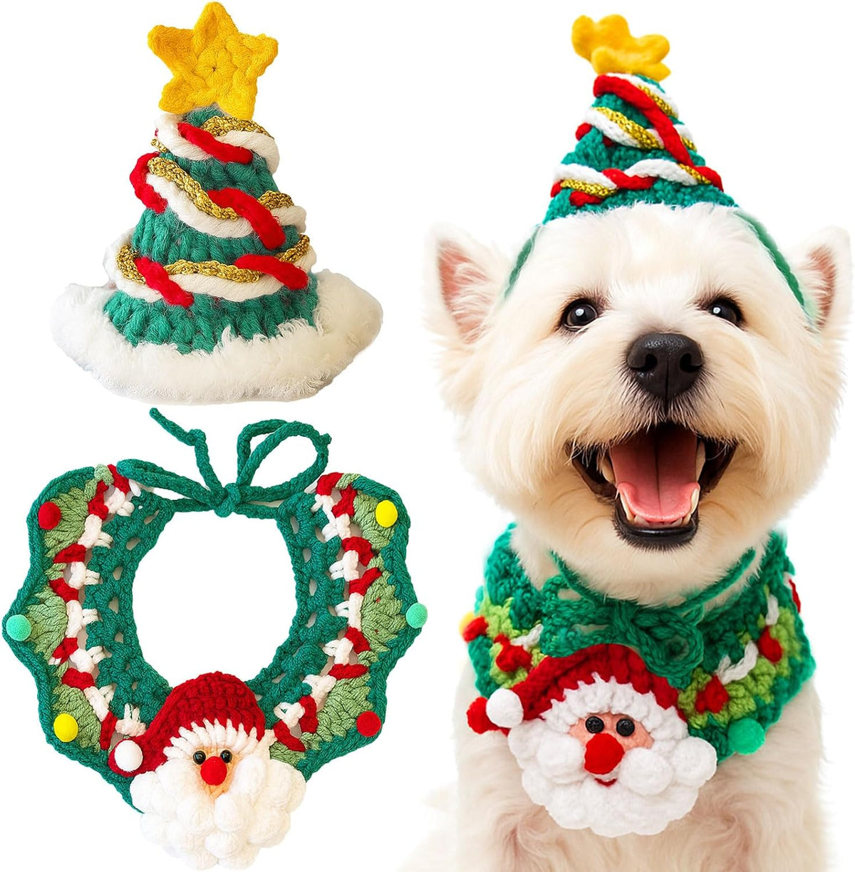 Pet Dog Christmas Costume for Small Dogs Cats, Funny Knitted Santa Dog Hat and Neck Accessory Set, Soft Cute Kitten Puppy Chihuahua Yorkie Costumes for Christmas Cat Outfits