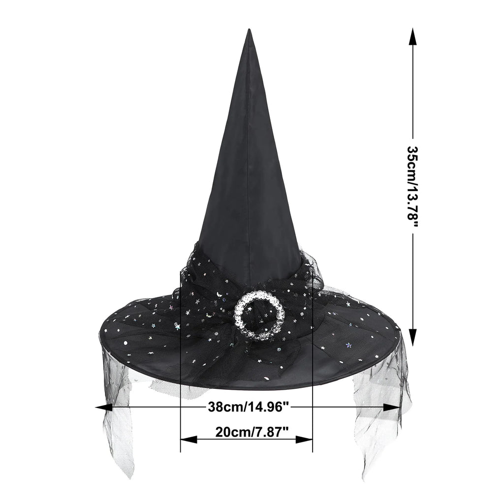 Adults Gothic Witch Hat with Veil and Lace, Foldable Wide Brim Pointed Wizard Hat