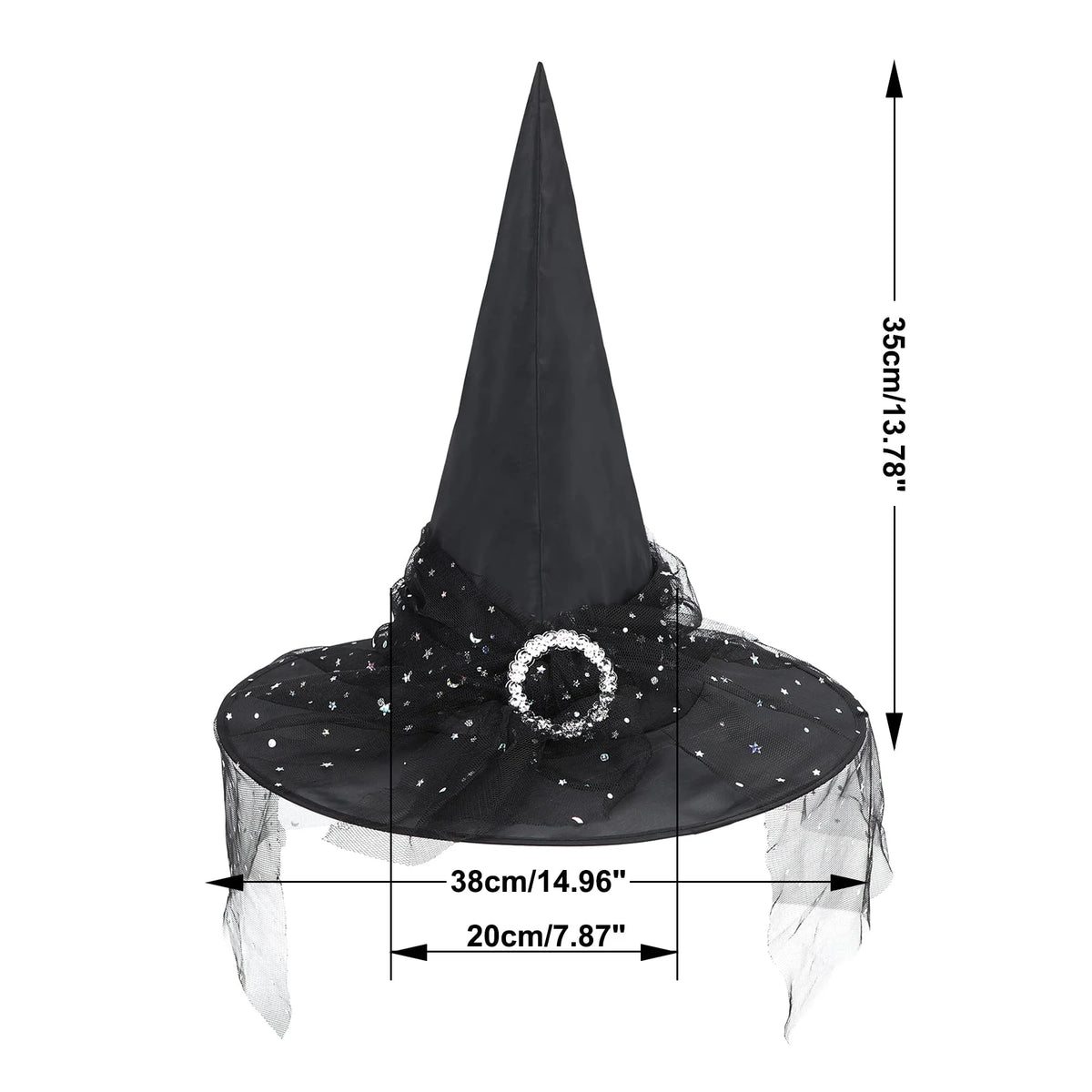 Adults Gothic Witch Hat with Veil and Lace, Foldable Wide Brim Pointed Wizard Hat
