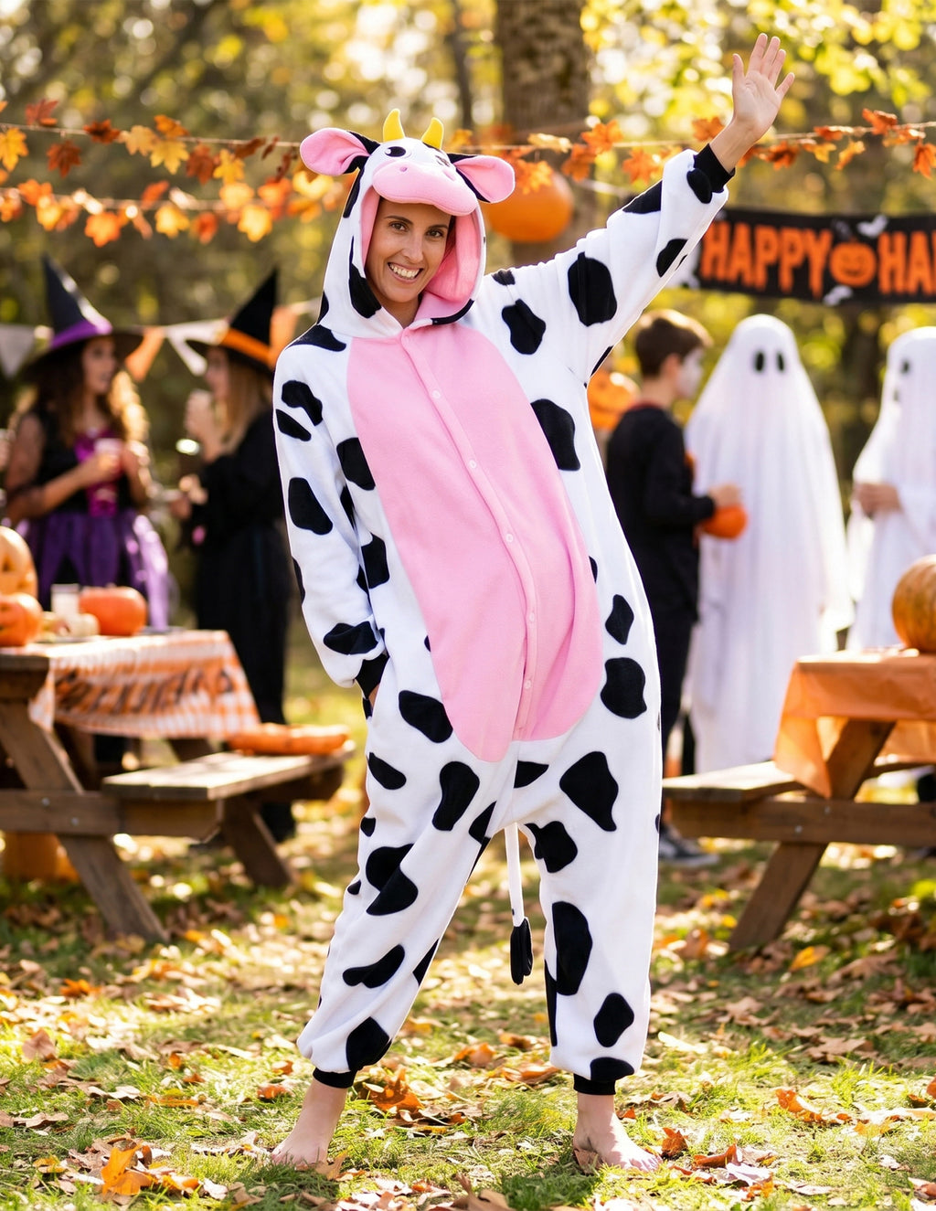 Adult Unisex Cow Costume,Plush Hooded Animal Jumpsuit Pajama for Halloween Party Cosplay and Themed Dress Up