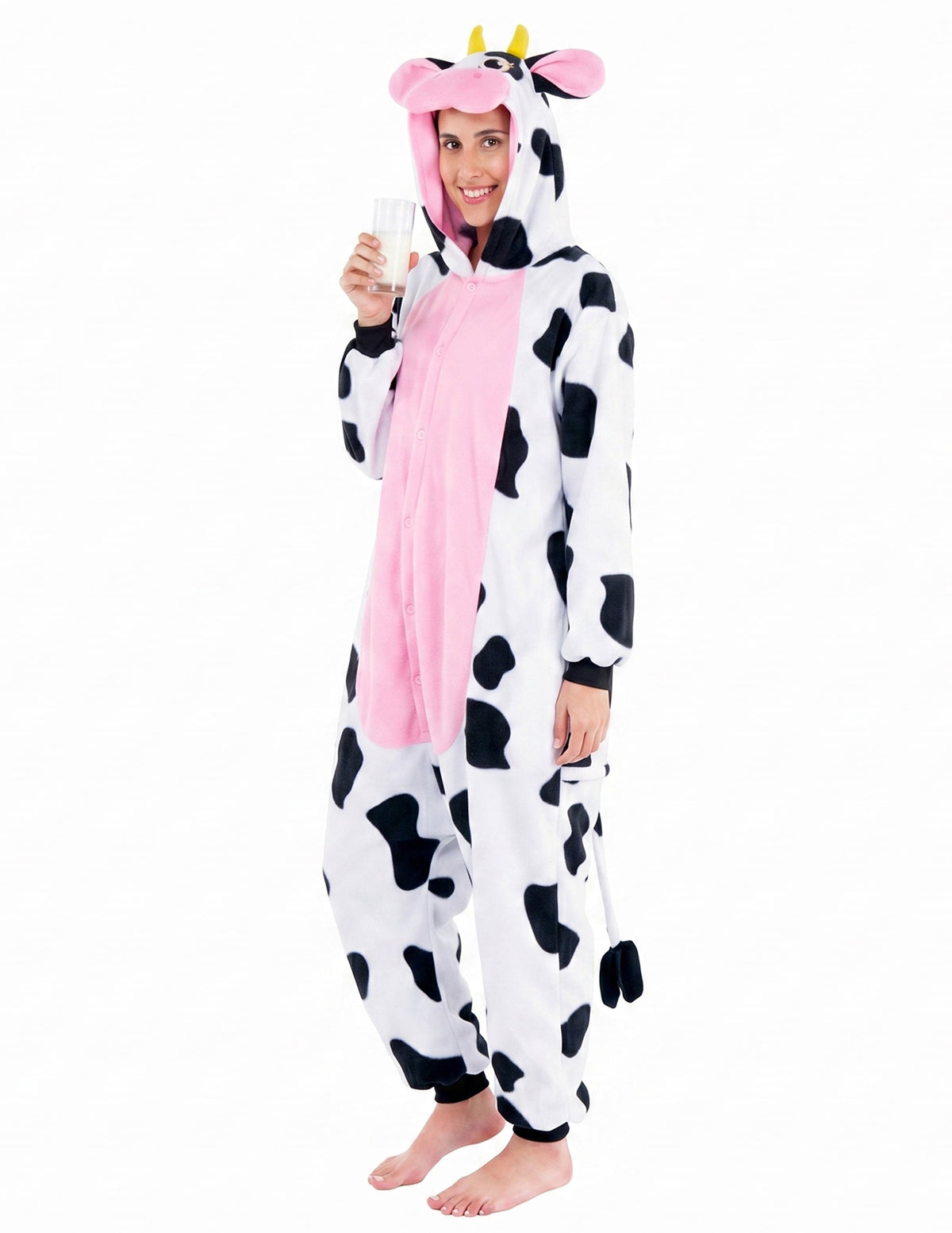 Adult Unisex Cow Costume,Plush Hooded Animal Jumpsuit Pajama for Halloween Party Cosplay and Themed Dress Up