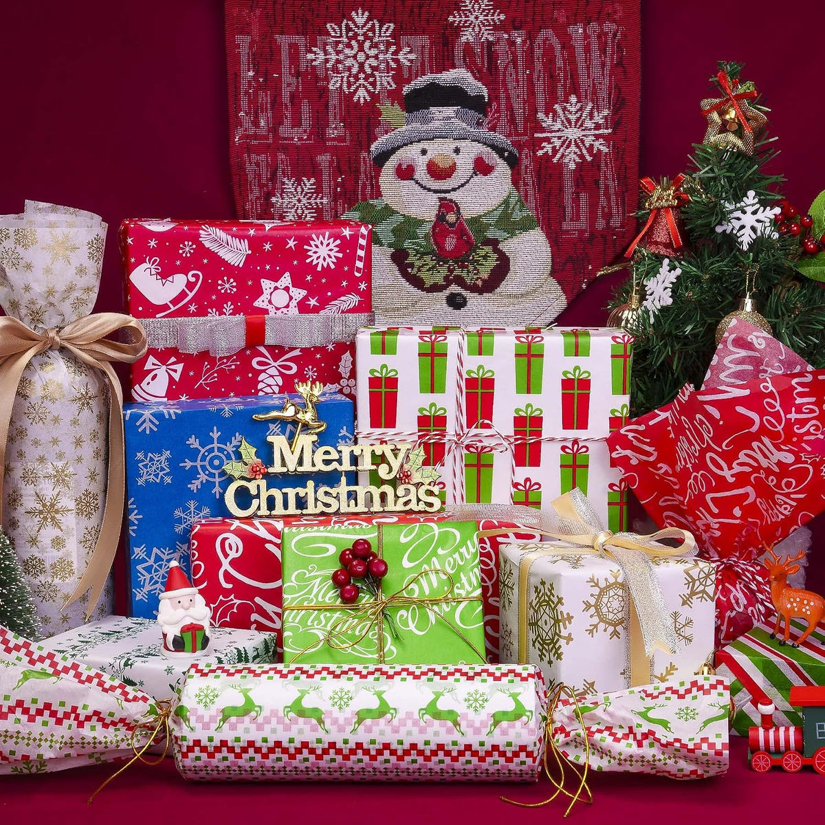 Christmas Tissue Paper, 100 Sheets Glossy Tissue Paper for Gift Bags and Wrapping, Colorful Gift Wraps for Christmas, Holiday, Xmas, New Year, Birthday, Crafts, Art Packaging,19.7X13.8