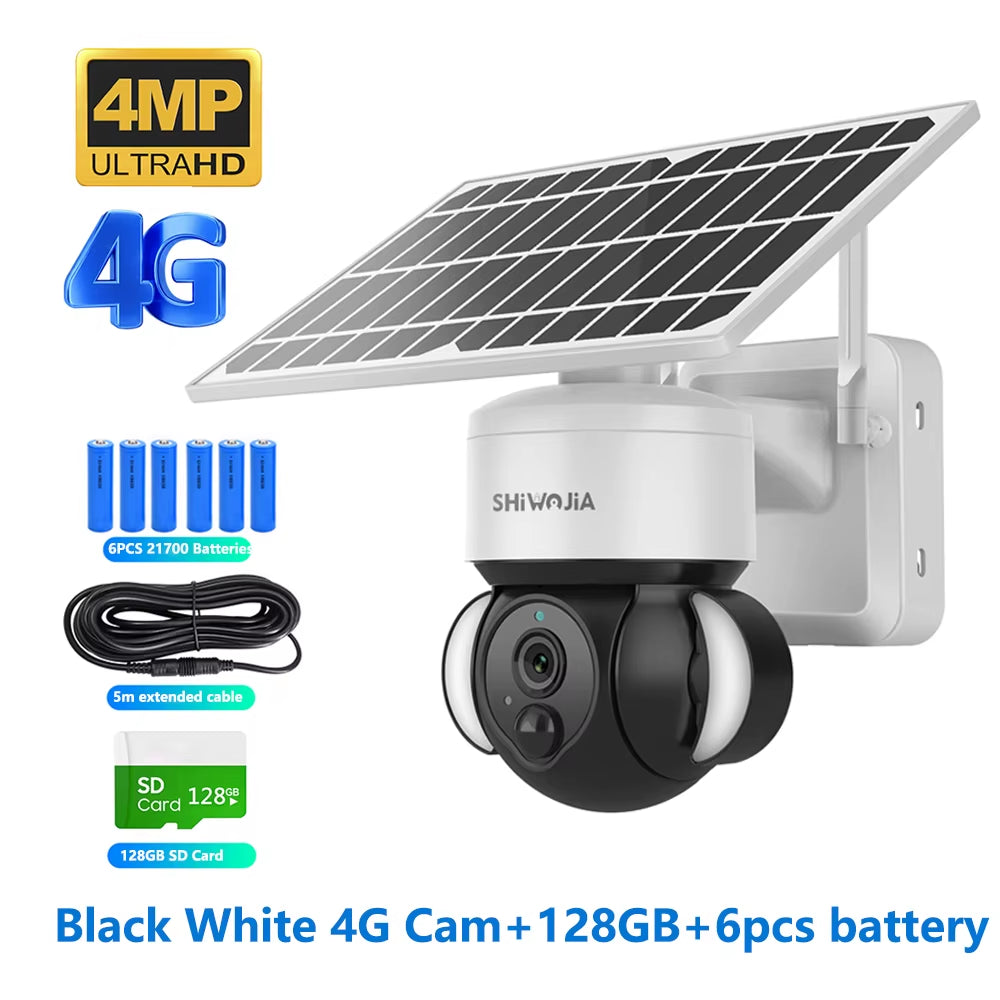 SHIWOJIA 4MP WIFI Solar Camera 4G Sim Card PIR Human Detection Solar Battery Security Camera CCTV Video Surveillance Outdoor Cam