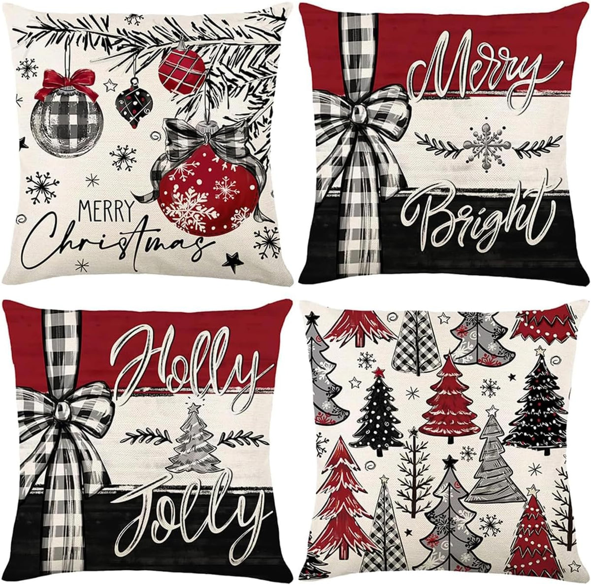 Christmas Decorations - Merry Christmas Trees Red Throw Pillow Covers 18X18 Set of 4,Winter Holiday Decor Throw Cushion Case for Home Couch