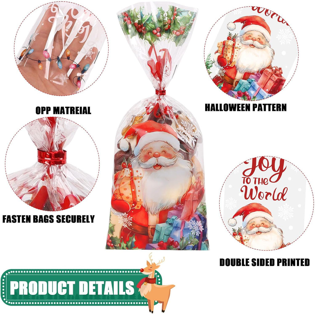 200PCS Christmas Cellophane Treat Bags, Xmas Clear Cello Gift Bags Candy Goodies Bags with Twsit for Christmas Holiday Party Favors