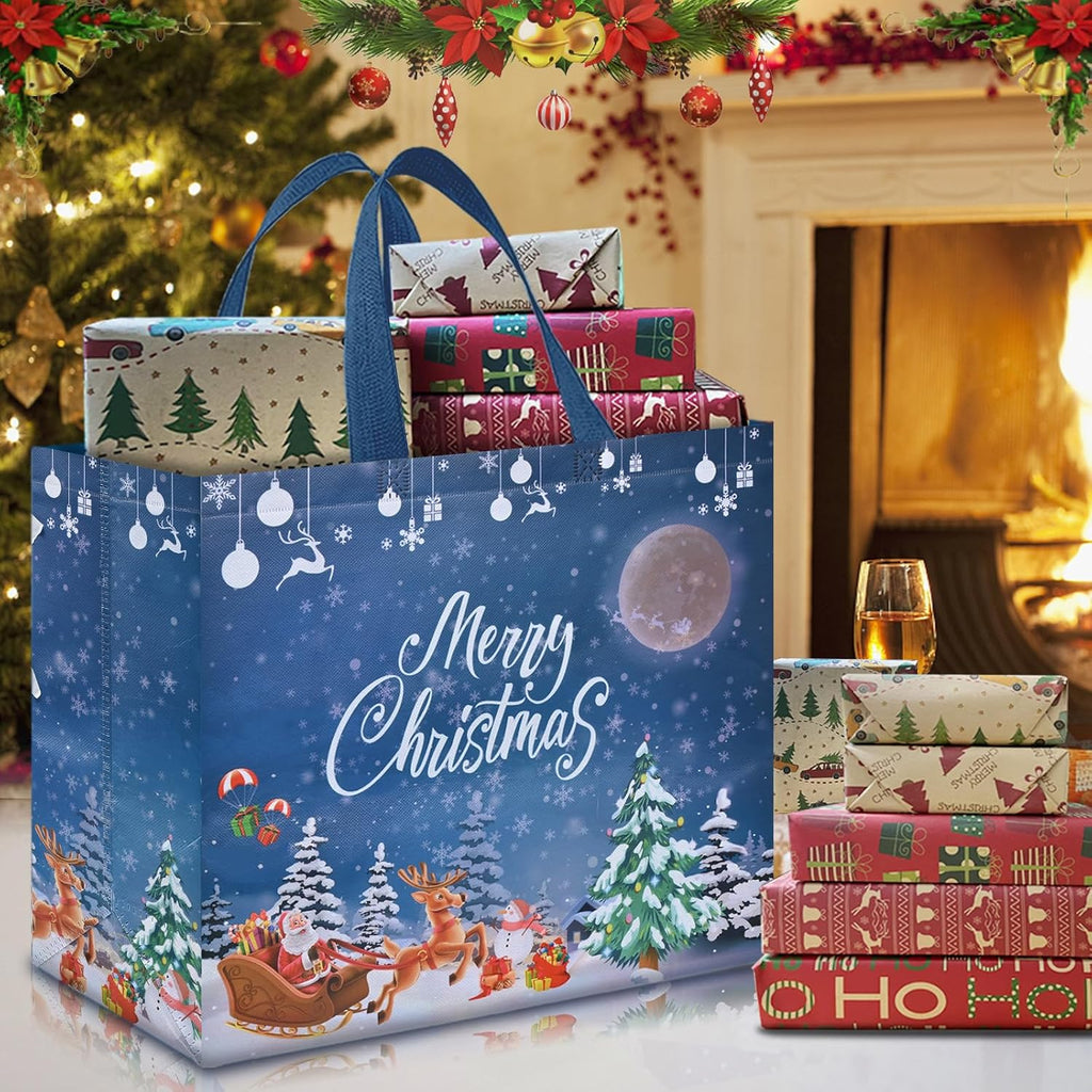 12PCS Extra Large Christmas Gift Bags, 15.7'' X 14.2''X 5.9'', Christmas Tote Bags with Handles, Reusable Non-Woven Shopping Bag for Xmas'S Party Supplies New Year Decorations