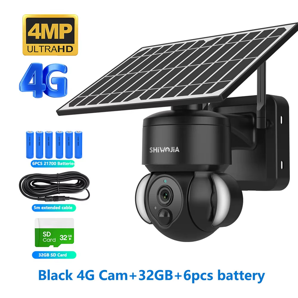 SHIWOJIA 4MP WIFI Solar Camera 4G Sim Card PIR Human Detection Solar Battery Security Camera CCTV Video Surveillance Outdoor Cam