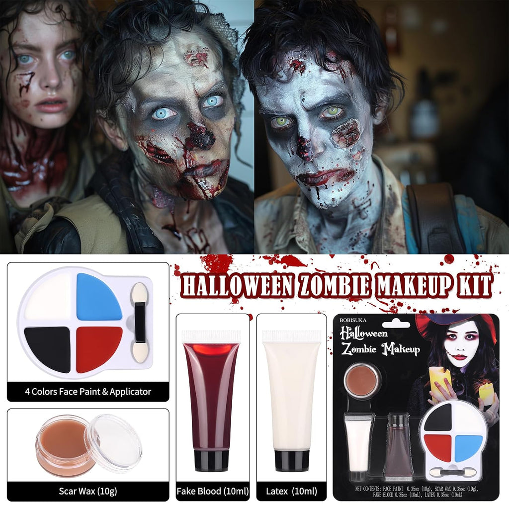 Halloween Zombie Makeup Kit with 4 Colors Face Body Paint & Applicator, Fake Blood, Liquid Latex and Scar Wax SFX Makeup Set for Vampires Wounds Clown Cosplay Special Effects Makeup