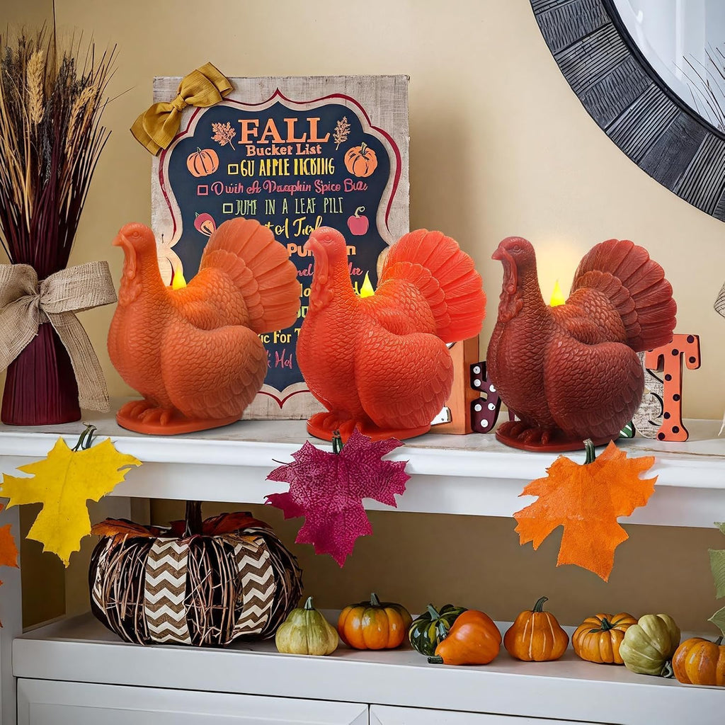 Set of 3 Turkey Flameless LED Candles Remote Thanksgiving Decor