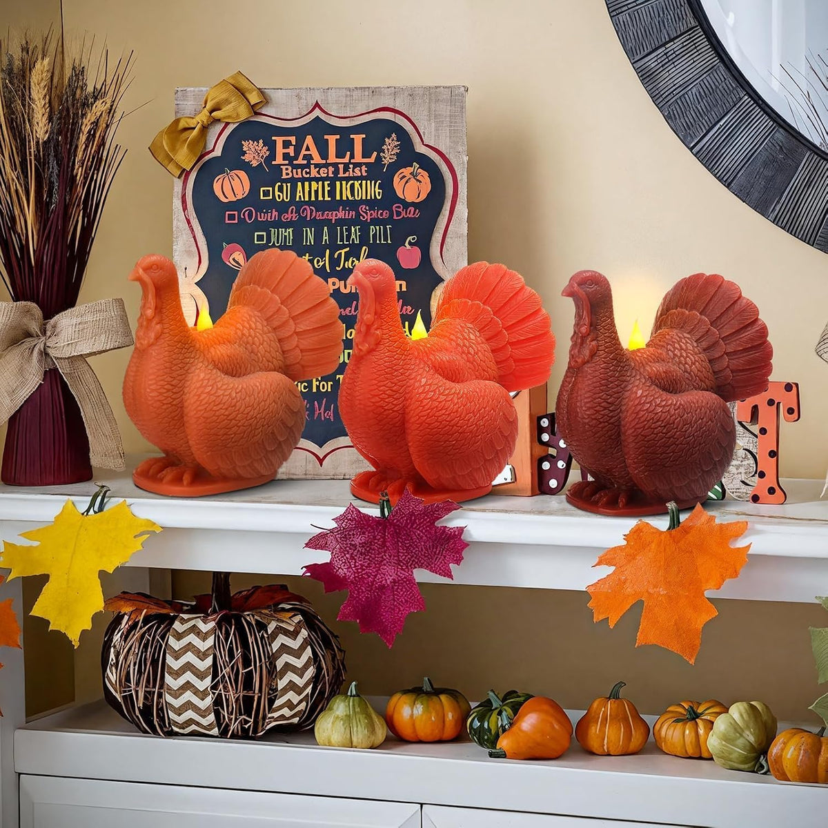 Set of 3 Turkey Flameless LED Candles Remote Thanksgiving Decor
