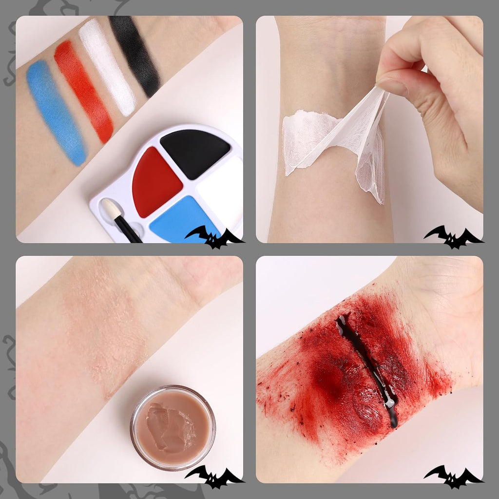 Halloween Zombie Makeup Kit with 4 Colors Face Body Paint & Applicator, Fake Blood, Liquid Latex and Scar Wax SFX Makeup Set for Vampires Wounds Clown Cosplay Special Effects Makeup