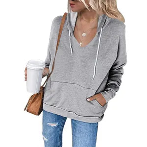 Women's Solid Color Polyester Hooded Sweatshirt Top V-Neck Drawstring Kangaroo Pocket Casual Autumn Long