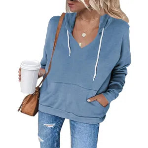Women's Solid Color Polyester Hooded Sweatshirt Top V-Neck Drawstring Kangaroo Pocket Casual Autumn Long