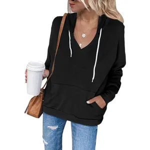 Women's Solid Color Polyester Hooded Sweatshirt Top V-Neck Drawstring Kangaroo Pocket Casual Autumn Long