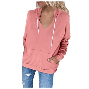 Women's Solid Color Polyester Hooded Sweatshirt Top V-Neck Drawstring Kangaroo Pocket Casual Autumn Long