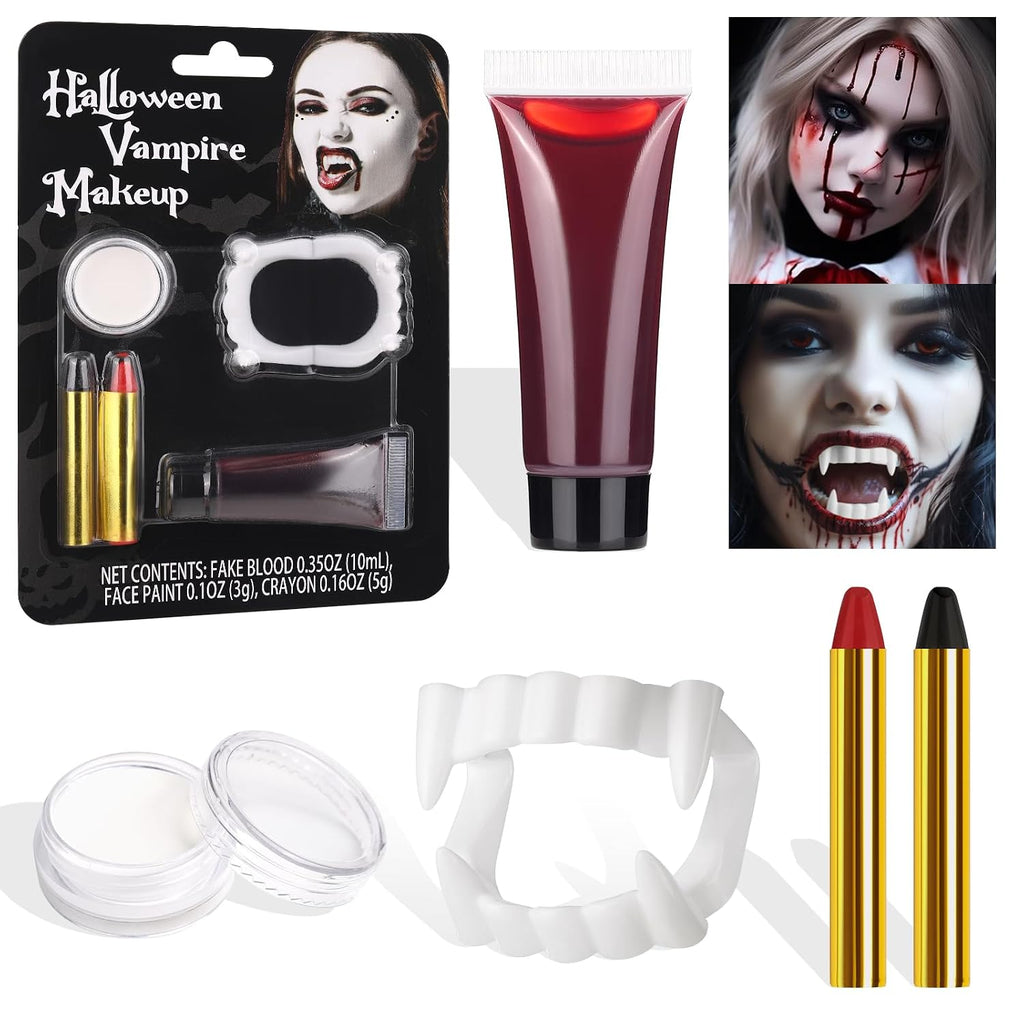 Halloween Vampire Makeup Kit with White Face & Body Paint, Fake Blood, Black and Red Face Paint Crayon and Fake Teeth SFX Makeup Set for Zombie Wounds Clown Cosplay Special Effects Makeup