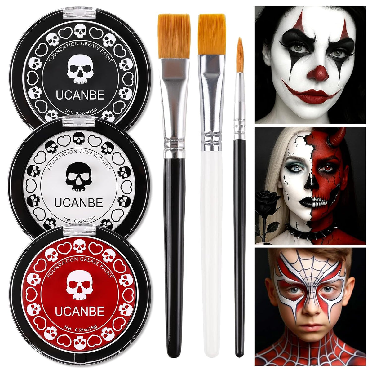 Goth White Foundation + Black Red Face Body Paint for Halloween Makeup, Face Painting Kit with Brushes Facepaint Set for Adults Clown Vampire Skull SFX Make up Costume Cosplay Party Theater Stage