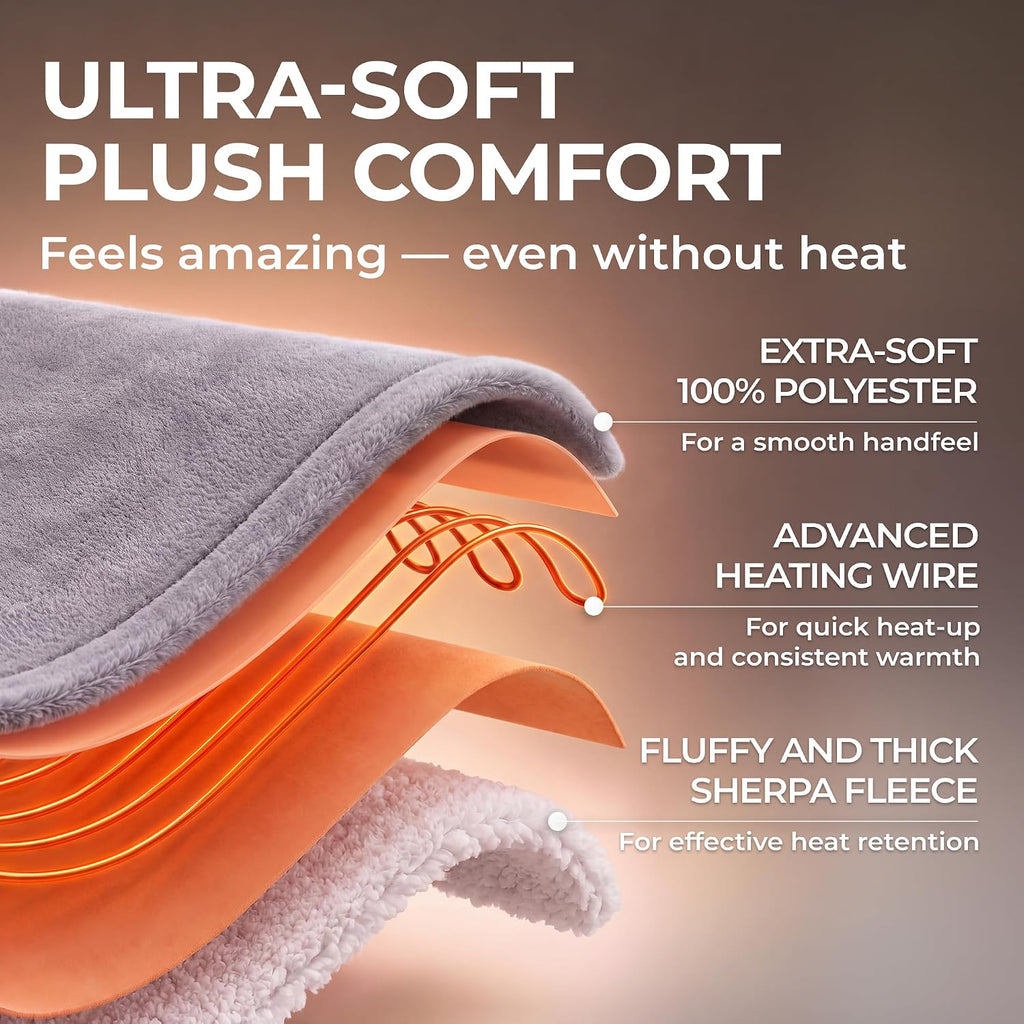 Electric Heated Throw Blanket 50"X60", 8Ft Cord, 6 Heat Levels