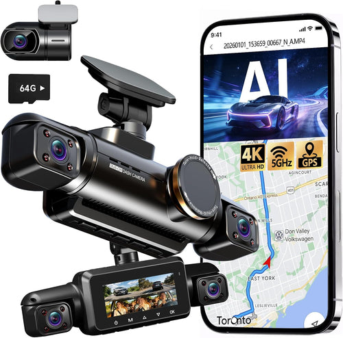 360° View 4K 2160P Dash Cam Front and Rear, 4 Channel Dash Camera for Cars, AI Fatigue Driving Monitor, 5G Wifi GPS, 8 IR Lamps Night Vision, Free 64G Card Included, 24H Parking Mode, N700Pro
