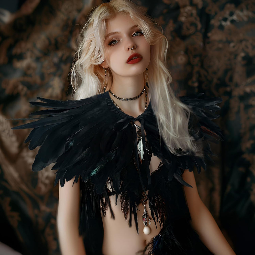 Black Witch Feather Collar Crow Shawl Costume Halloween Swan Wings Accessories Cape for Women
