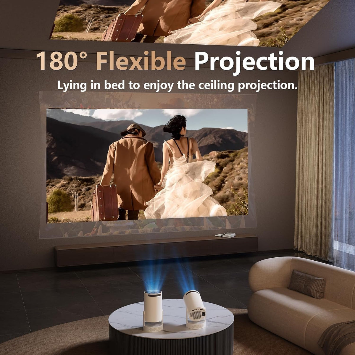 Smart Mini Projector with Wifi 6 and Bluetooth 5.0, Support 4K 1080P, Built-In Apps & 180° Rotation, Auto Vertical Keystone, Portable Movie Projector for Bedroom Home Outdoor, Ivory