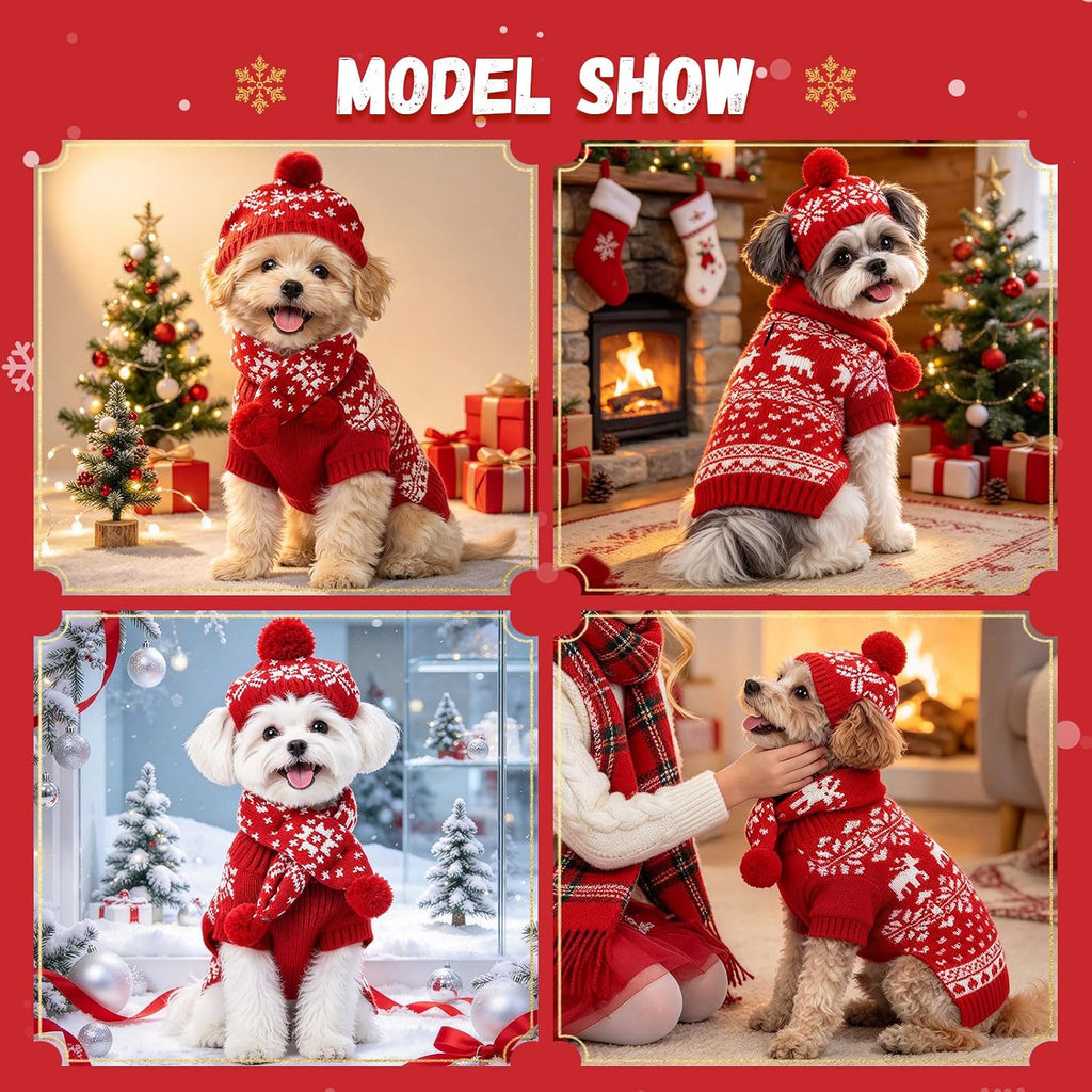 Small Dog Christmas Outfits 3 PCS Set Puppy Xmas Sweater Hat Scarf,S